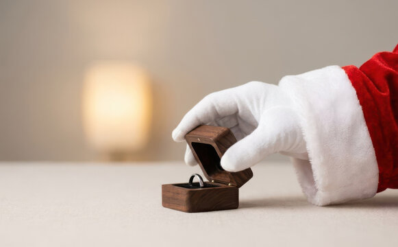 Santa Claus proposing with a ring in a wooden box for Christmas marriage proposal concept