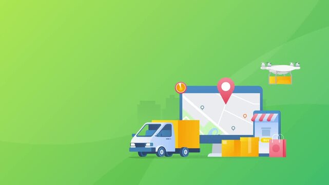 E-commerce logistics animation featuring a delivery drone flying above a digital map on a desktop screen with a commercial shipping van waiting to deliver goods to customers in this motion.