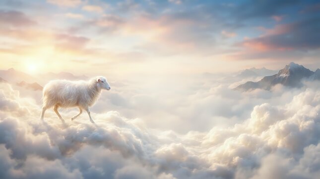 A white-haired sheep walks across fluffy clouds in a dreamlike sky at sunrise, surrounded by golden light and distant mountains, evoking spiritual and surreal themes