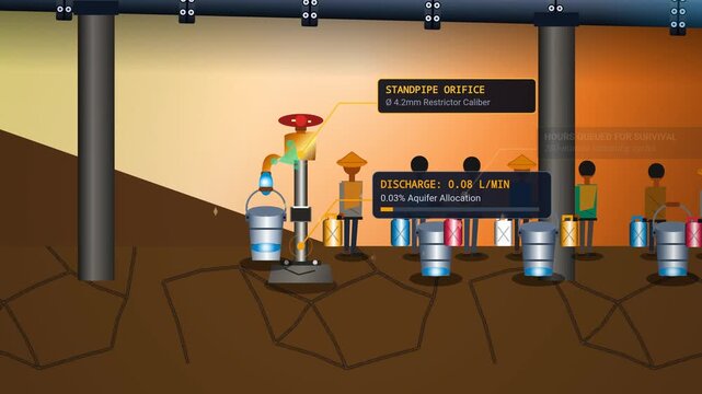 Animated concept of water privatization and inequality showing corporate diversion of natural resources for commercial bottling and luxury resorts leaving poor communities with extreme water scarcity