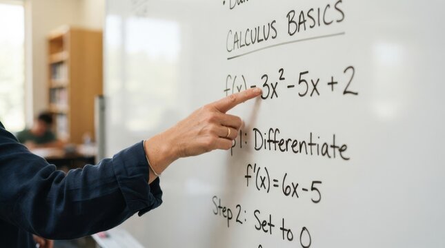 Female Math Teacher Explaining Calculus Basics on Whiteboard in Classroom