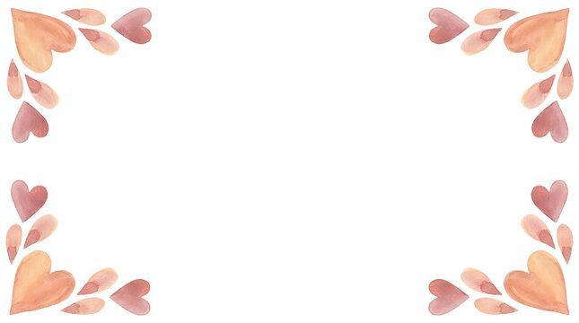 Watercolor heart leaf corner borders in warm peachy and dusty rose tones on white background