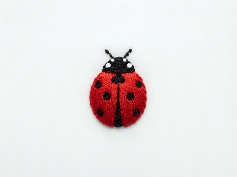 Red ladybug with black spots and antennae on white background