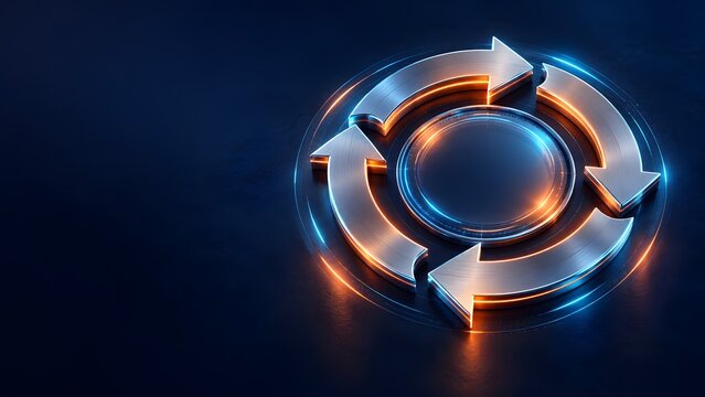 Metallic circular arrows with glowing neon edges symbolizing continuous process synchronization and circular economy
