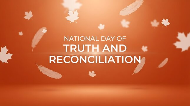 National Day of Truth and Reconciliation banner, orange background with falling maple leaves and feathers, commemorative holiday graphic