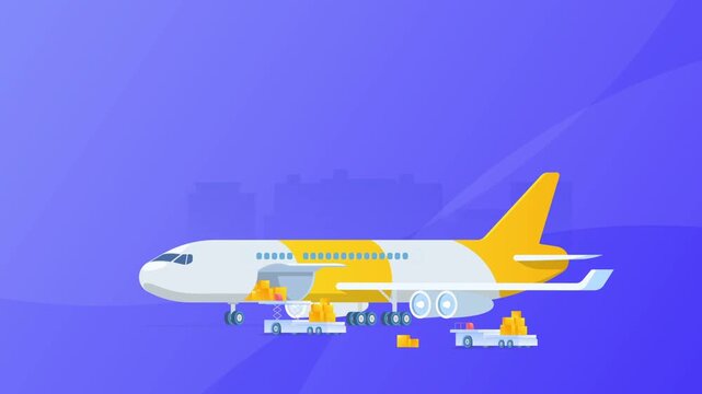 Cargo airplane loading heavy shipping boxes on a bright sunny tarmac area using small automated airport logistics transport vehicles
