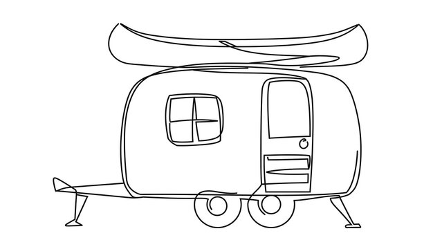 Vintage camper trailer with canoe white background.