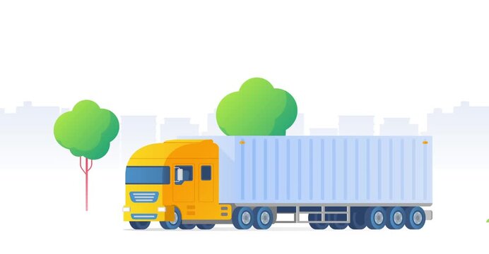Yellow delivery truck traveling along the street in this smooth motion animation clip showcasing logistics and shipping services moving through a stylized urban landscape