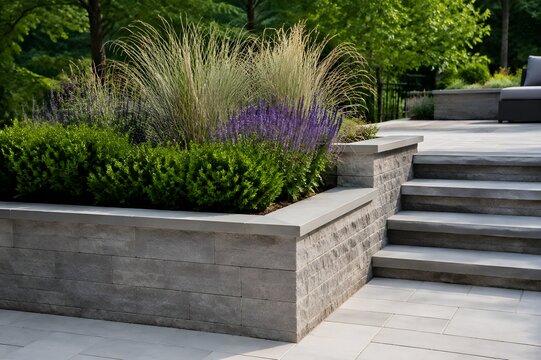 Completed stone planter boxes integrated into patio construction clean joints neat vegetation professional landscaping solution