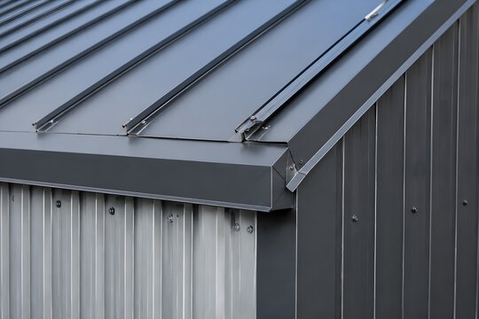 Finished metal roof and wall junction with precise flashing in clean industrial construction project setting