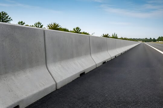 Completed concrete barrier installation showing uniform alignment along clean smooth modern highway road surface infrastructure