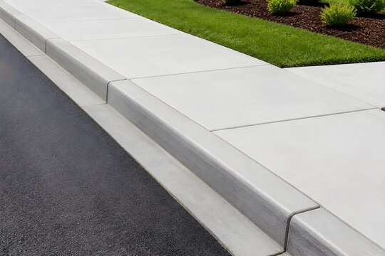 Completed concrete curb and sidewalk with sharp edges smooth surfaces spotless surroundings and professional construction