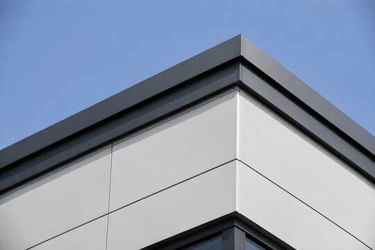 Finished commercial roof parapet with precise metal coping smooth modern facade panels professional construction photography