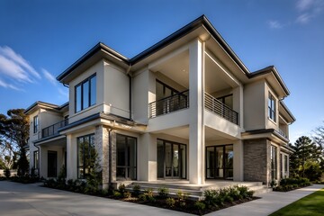 Fototapeta premium Completed two-story residential building with fresh exterior paint finished balconies clean concrete paths polished landscaping