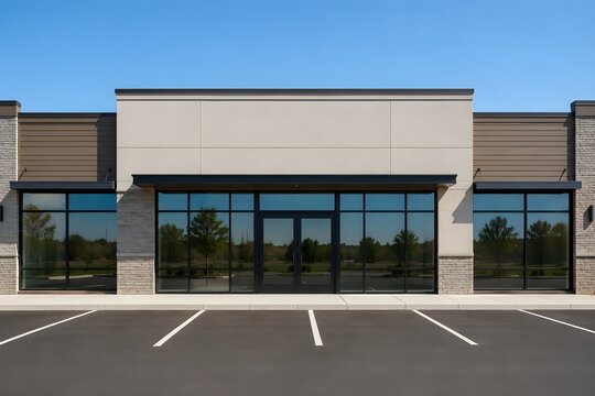 Finished retail building exterior featuring neutral storefront glazing completed cladding spotless pavement clean modern facade