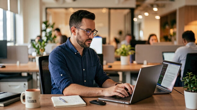 Transgender man working on laptop at desk. Focused transgender man working in modern office, surrounded by colleagues. Concept for transgender man working in inclusive business environment.