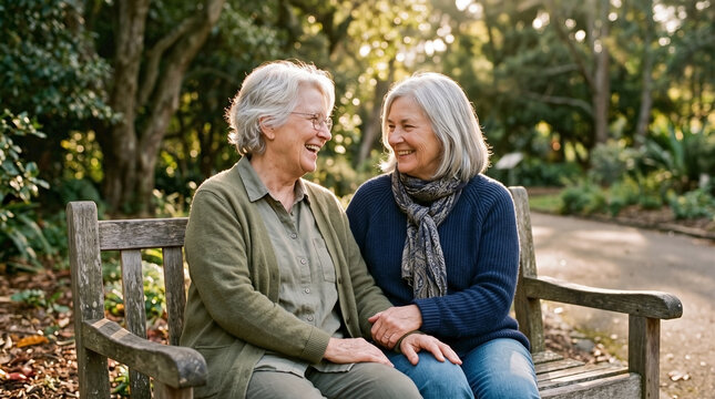 Elderly LGBTQ couple relaxing together on park bench, holding hands and smiling warmly. Content elderly LGBTQ couple sharing a quiet moment, enjoying companionship outdoors.