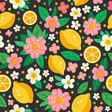 Seamless pattern with lemons, colorful flowers, green leaves and dots on dark background. Fresh fruit vector design for summer textiles, wallpaper, packaging, stationery and decorative projects