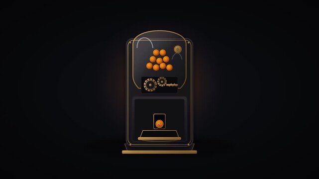 A vintage gothic mechanical candy machine with precise token insertion, a single controlled pumpkin ball drop, and a clean centered payoff.