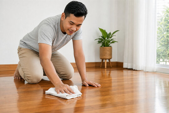 Young man kneeling and wiping parquet floor with clean white cloth