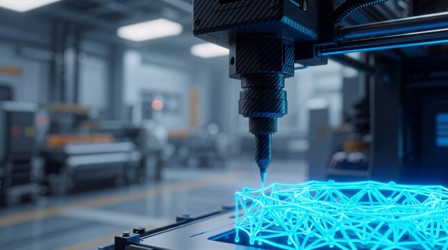 Close up of a modern industrial 3D printer printing a blue glowing geometric lattice model in a high tech laboratory, advanced additive manufacturing technology
