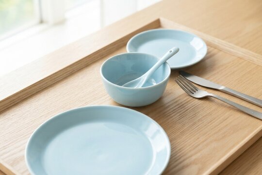 木製のトレイに並べられたライトブルーの食器とカトラリーのセット