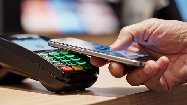 Macro close-up of a hand tapping a credit card or smartphone onto a sleek contactless payment terminal. Point of sale transaction, NFC technology, wireless electronic payment, digital banking, retail 