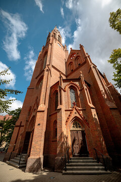Poznan, Poland - July 8, 2026: Neo-Gothic architecture and historic interior details of the Church of the Holy Saviour in central Poznan.