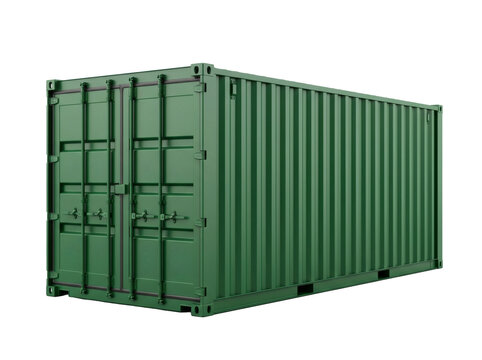 A standard green shipping container, a durable metal box used for transport and storage, viewed from the side and.