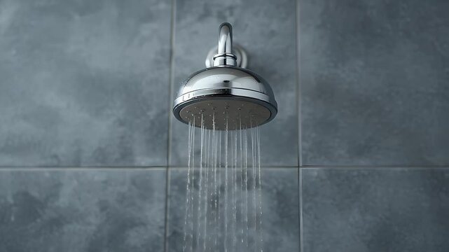 Chrome shower head mounted on a grey tiled wall with clear water flowing steadily downward creating a refreshing and clean aesthetic perfect for modern bathroom home design projects