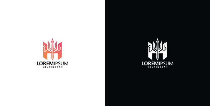 Professional letter M logo featuring a digital trident and circuit board pattern for tech brand identity and cyber security software