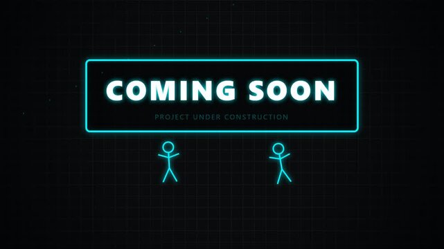 Neon pixel art coming soon sign with dancing stick figure characters loop animation.