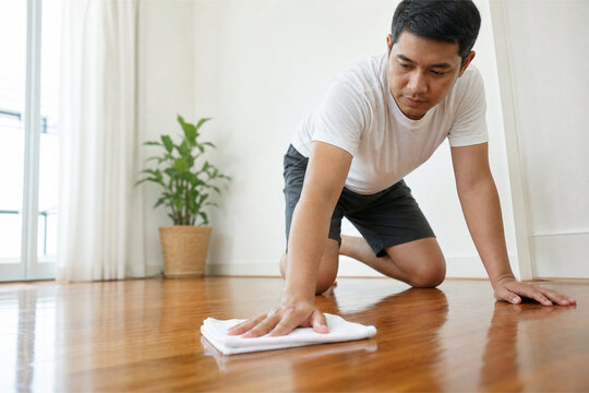 Man wiping wooden floor with rag in bright living room