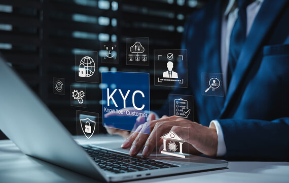 KYC know your customer identity verification concept. Businessman using laptop with icons of facial recognition scan, digital bank institution, privacy, compliance checklist, user onboarding process