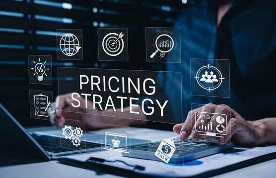 Pricing strategy concept. Business professional using laptop and calculator, analytics for market analysis, customer targeting, discount planning, sales growth, profit management, revenue optimization