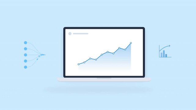Minimalist vector laptop with a rising growth chart on screen, concept for an income tracker and business dashboard, ideal for financial planning and data analysis presentation.