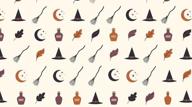 Halloween seamless pattern vector background with witch hats, magic brooms, potions, and moons