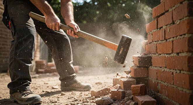 A person's hands swinging a sledgehammer to demolish a brick wall.Concept of demolition and hard physical labor.
