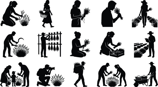 Set of black silhouettes representing farmers and agricultural workers performing various tasks on a farm or field