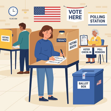 Diverse group of citizens participating in a democratic election process at a local polling station to cast their ballots for national leaders