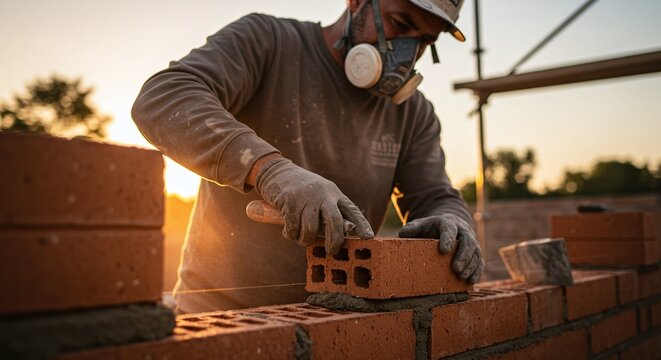 Skilled bricklayer carefully placing a brick on a fresh layer of mortar to build a wall.Concept of traditional masonry and construction craftsmanship.