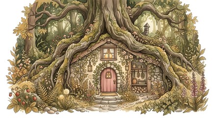 Fototapeta premium Charming Small Cottage Built Into Old Tree Roots With Pink Door And Lush Forest Foliage Background