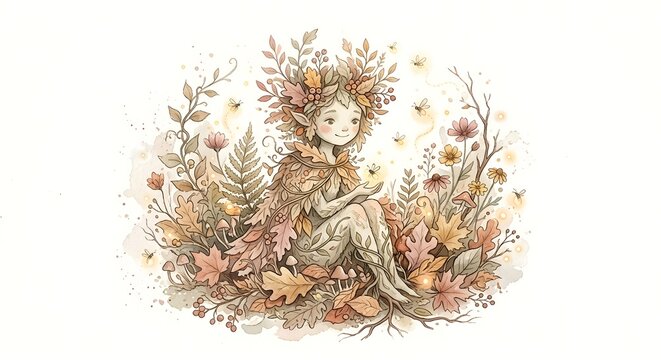 Whimsical Little Forest Sprite Sitting Among Autumn Leaves And Glowing Golden Fireflies White Background