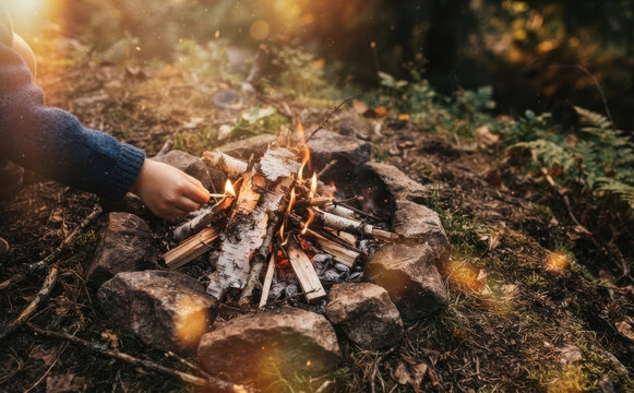 Child lighting a small campfire in the forest outdoors for wilderness camping adventure and travel concepts