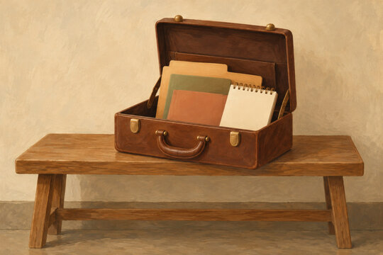 Gouache illustration of an open leather briefcase with folders and a notepad on a wooden bench