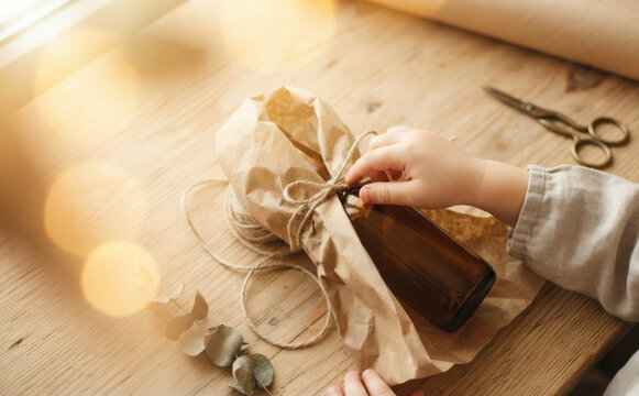 Child wrapping a glass bottle in brown craft paper with twine on a wooden table for handmade gift presentation