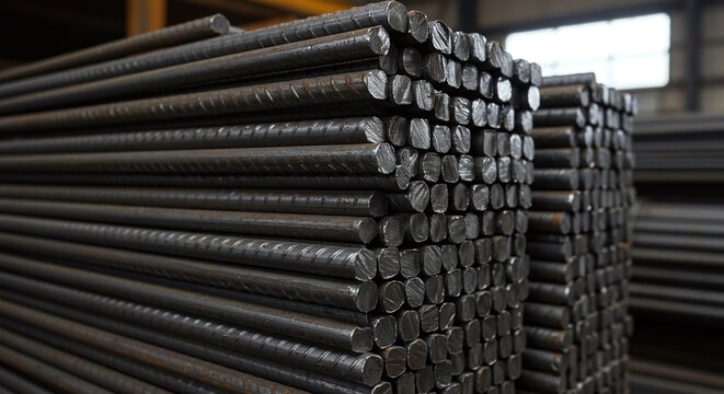 Large stack of steel rebar, a fundamental material for reinforced concrete in construction.Concept of construction materials and structural engineering.