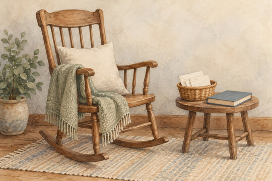 Watercolor illustration of a cozy rocking chair with a basket of envelopes and a ledger on a side table