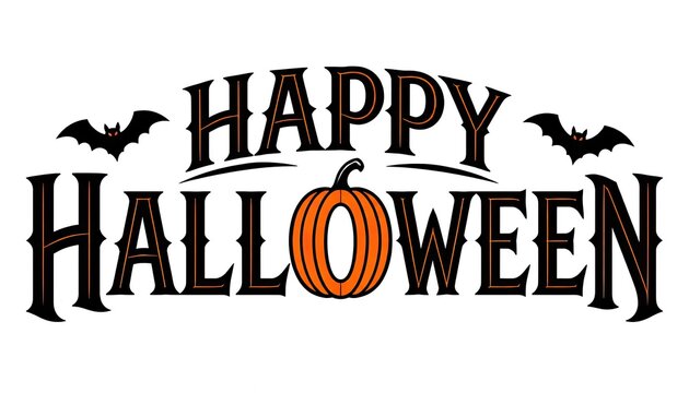 Spooky happy halloween typography design featuring a jack o lantern pumpkin and bats