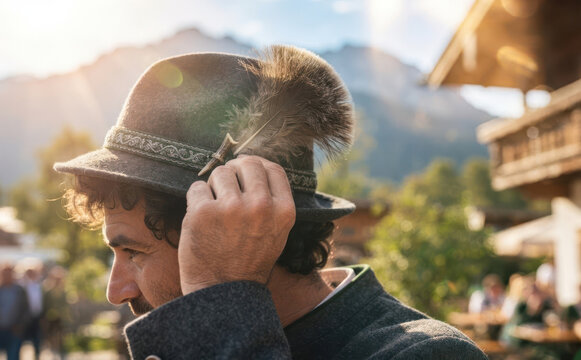 Middle-aged man wearing traditional Bavarian alpine hat with feather in mountains representing Oktoberfest culture and heritage